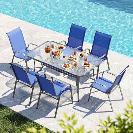 MAMIZO 7 Pieces Patio Dining Set for 6, Outdoor Table and Chairs w/Rectangle Glass Table and 6 Textilene Stackable Chairs, Patio Furniture Set w/1.69" Umbrella Hole (Grey Table & Navy Blue Chair)