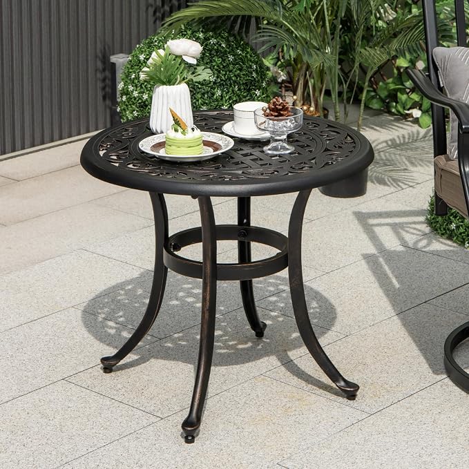 HAPPYGRILL Outdoor Aluminum Side Table, Patio Coffee Table with Adjustable Footpads, Heavy-Duty Small End Table, Lightweight Round Patio Table for Backyard, Porch, Poolside