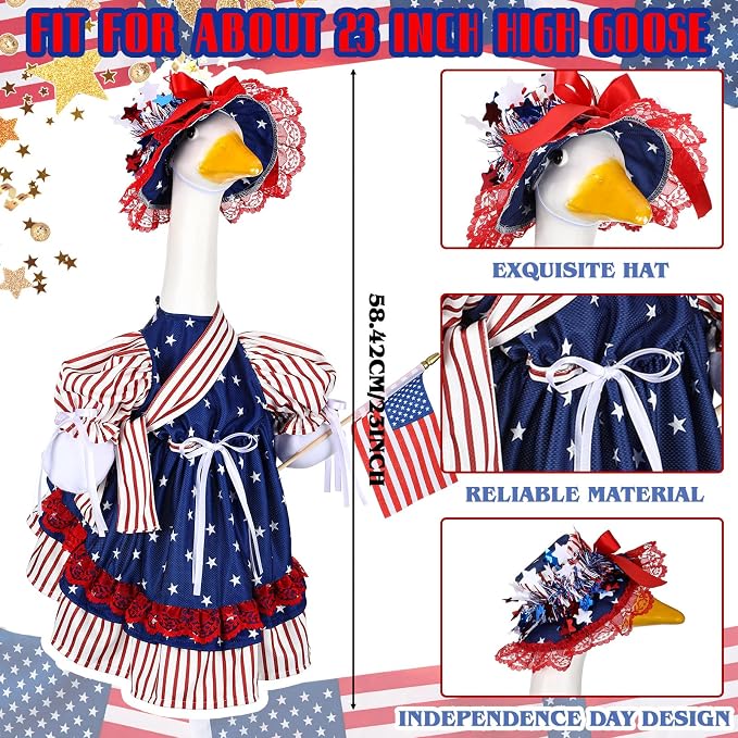 4th of July Porch Goose Outfit Patriotic Independence Goose Clothes for 23" High Cement or Plastic Geese Costume for Yard Lawn Outdoor Garden 250 Year Anniversary Duck Statue Dress American Flag Decor