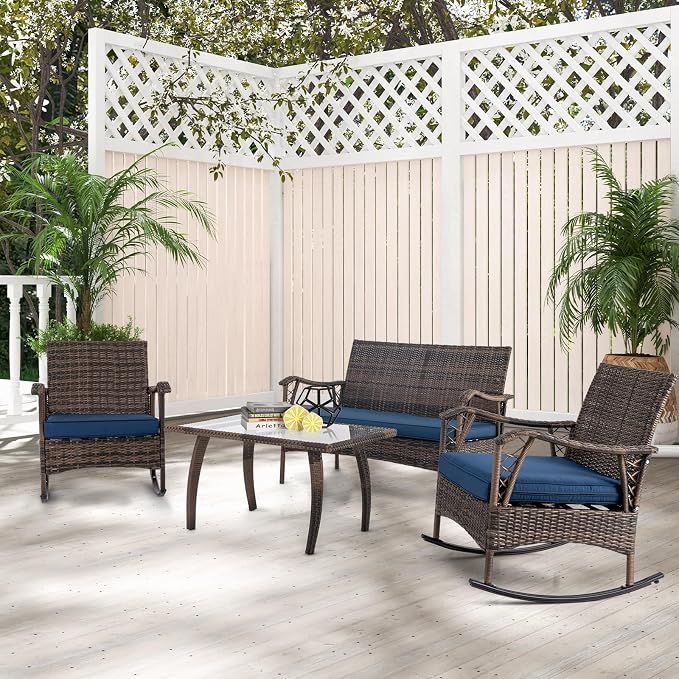 Tangkula 4 Piece Wicker Rocking Set, 2 Patio Rattan Rocker Chairs w/Loveseat & Coffee Table, Heavy-Duty Metal Frame & Bungee Rope Seat, Cushioned Patio Rattan Rocker Set for Porch, Poolside (1, Navy)