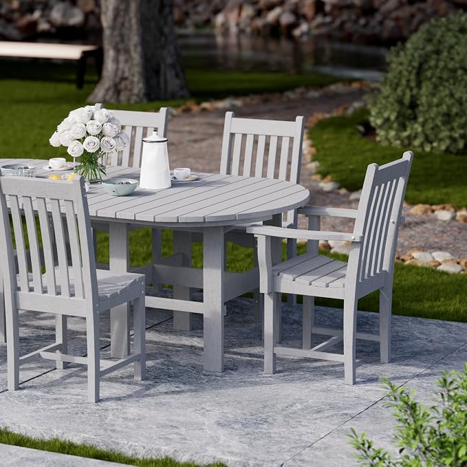 Wildridge Classic 7-Piece 44"x84" Dining Set, Light Gray - Outdoor Weather Resistant Recycled Plastic Furniture for Patio