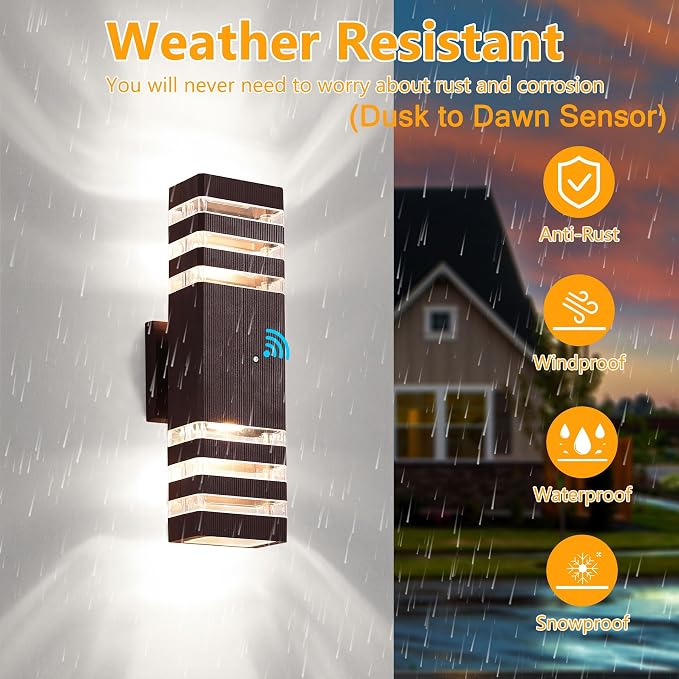 Outdoor Wall Lights, Dusk to Dawn Brown Outdoor Lights for House 3-Layer Modern Exterior Light Fixture Wall Mount Waterproof Up and Down Porch Lights for Garage Entryway, 2 Pack
