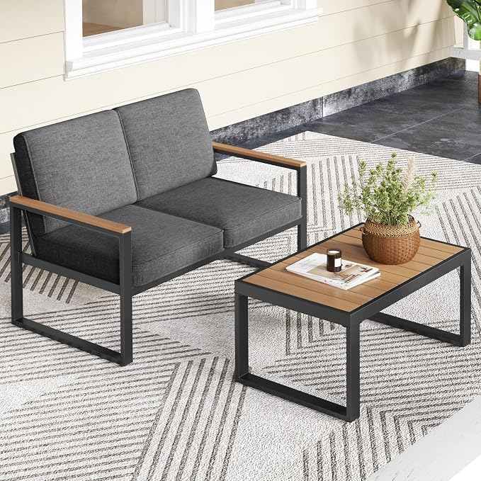 Tangkula 2 Piece Patio Aluminum Furniture Set, Outdoor Cushioned Loveseat with Coffee Table Set, with Wood-Plastic Armrests & Tabletop, for Balcony, Backyard, Poolside