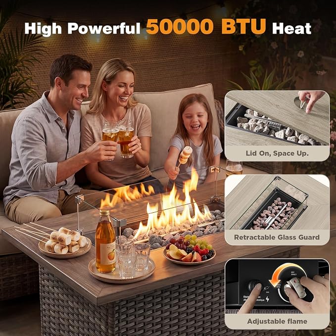 Belord Patio Wicker Swivel Rocker Patio Chairs with 3-Seater Sofa and 42.5" Fire Pit Table, Outdoor Furniture Set for Deck Porch Poolside, 11 Piece Patio Conversation Furniture Set,Beige