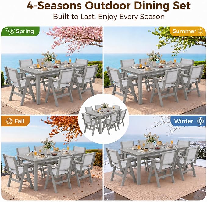 7-Piece Patio Dining Table Set, 69" Rectangle HDPE Outdoor Table & 6 Textilene Chairs Set with 2" Umbrella Hole, Wood-Look Finish, All-Weather Dining Set for Backyard, Poolside, Light Gray