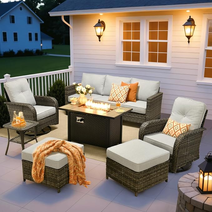 ovios 7 Pieces Patio Furniture Set, Outdoor Wicker Sofa Couch with Swivel Glider Chairs Fire Pit Table, Modern Deep Seat Rattan Conversation Sets for Deck Porch, Grey