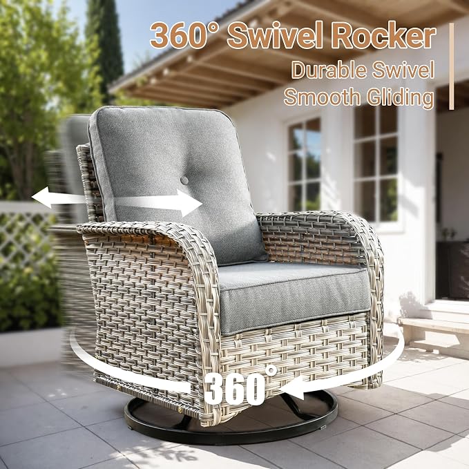 HOOOWOOO Sectional Patio Furniture Set with Fire Pit Table,12 Pieces Wicker Outdoor Furniture L Shaped Couch,Outside Conversation Set Extra Deep Seat Sofa Wide Arm Swivel Chairs Solar Light,Dark Gray