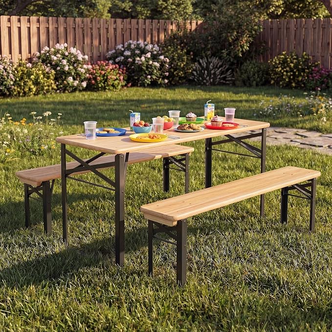 Costzon Kids Picnic Table, 43.5 Inch Folding Picnic Table with 2 Benches, Fir Wood Top & Metal Frame, No Assembly 3-Piece Portable Kids Indoor/Outdoor Furniture for Patio Backyard Daycare (Black)