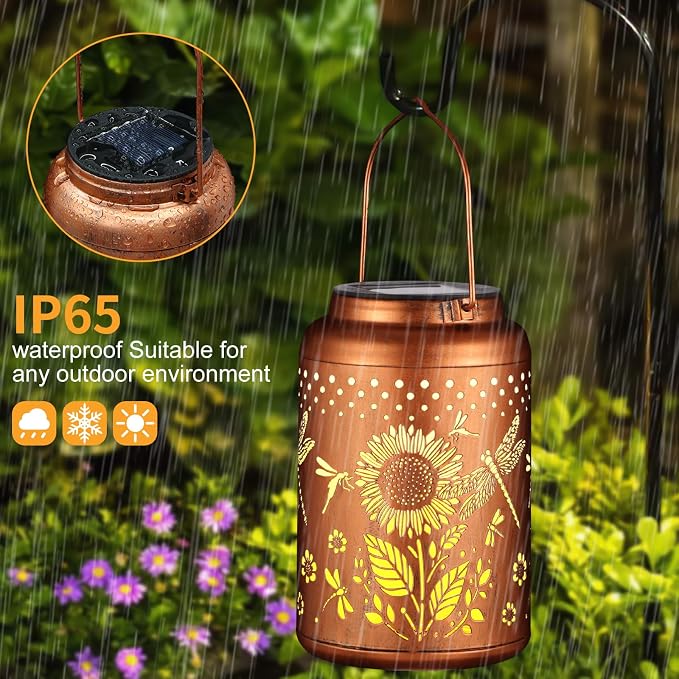 2 Pack Sunflowers Solar Lanterns Outdoor Waterproof Garden Decor | Metal Hanging Solar Lights Birthday Gifts for Grandma Mom Solar Decoration Outside for Yard, Patio, Backyard, Porch