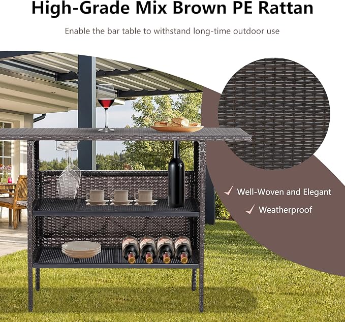 Tangkula Outdoor Wicker Bar Table, Patiojoy All Weather Patio Bar Height Table with 2 Metal Mesh Shelves & 2-Rail Steel Stemware Racks, Rattan Bar Counter Table for Backyard, Poolside (Mix Brown)