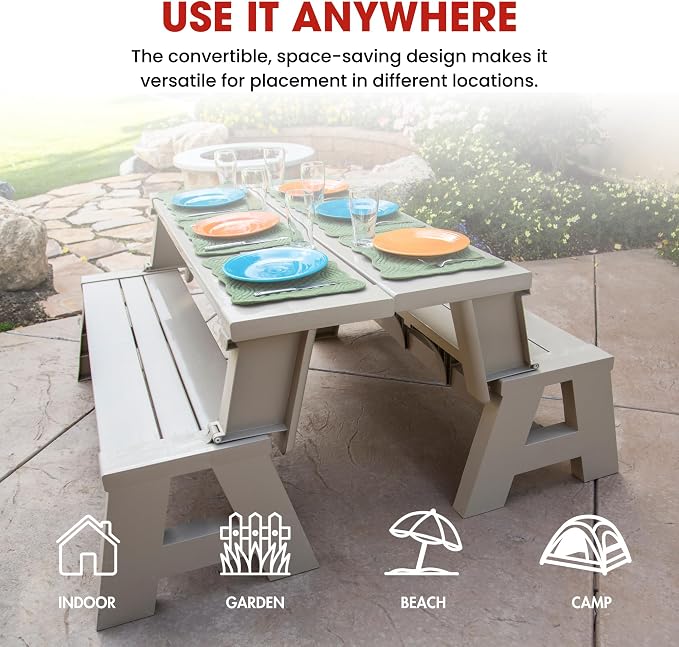 Convert-a-Bench Gen 1 2-in-1 Outdoor Convertible Bench to Picnic Table | Space-Saving, Weather-Resistant Patio Furniture for Yard, Deck, Garden | Easy Assembly & Durable Design - 1 Bench/Order, Adobe