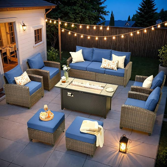 ovios 8 Pieces Patio Furniture Set, Outdoor Wicker Sofa Couch with 54" Fire Pit Table Comfy Cushions, All Weather Brown Rattan Conversation Set for Backyard Deck, Navy Blue