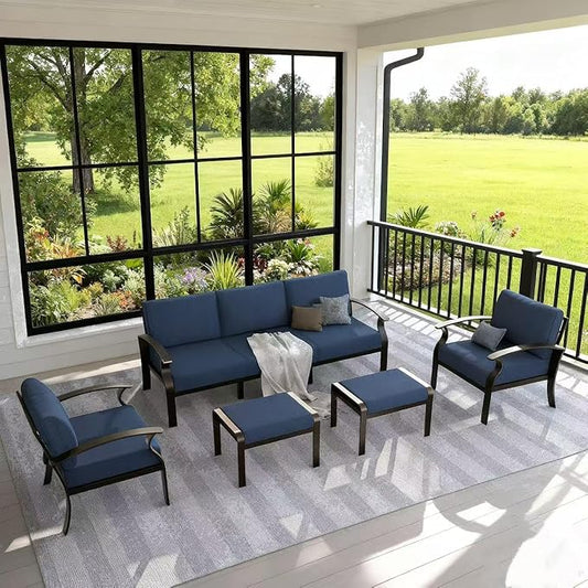 Gotland Aluminum Patio Furniture Set, Metal Outdoor Furniture with 2 Ottomans 5.1’’ High-Resilience Seat Cushions, 5 Piece Patio Set, Oversized Outdoor Sectional Patio Conversation Sets, Navy