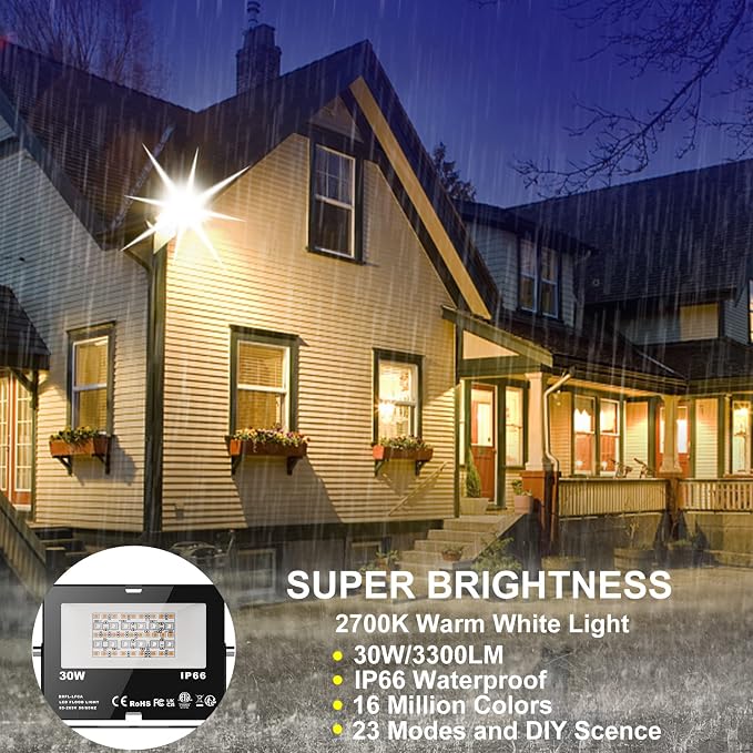 LED Flood Lights RGB Color Changing 300W Equivalent Outdoor, 30W Bluetooth Smart RGB Floodlight APP Control, IP66 Waterproof, Timing, 2700K&16 Million Colors 23 Modes for Garden Stage Lighting 6 Pack