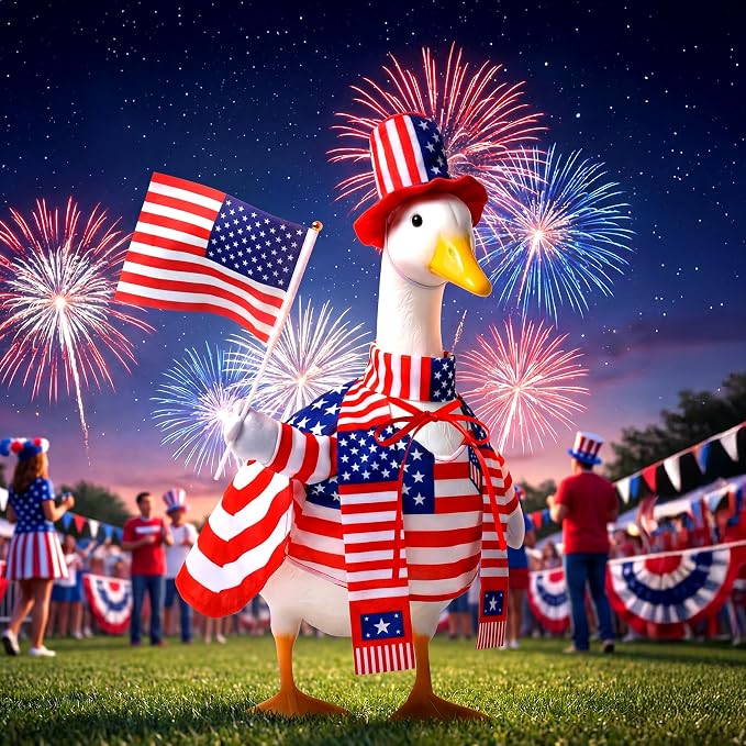 Mastom 4th of July Porch Goose Outfit for 23 Inch Goose Statue, Patriotic Red White Blue Goose Clothes with Flag for Outdoor Garden Patio Decor, USA 250th Anniversary Merchandise