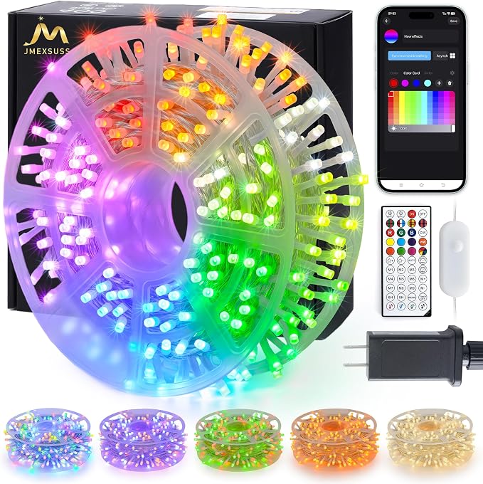 JMEXSUSS 600 LED RGB String Light Outdoor, Christmas Halloween Lights | 198 Ft Color Changing Christmas Tree Lights Plug in for Bedroom Tree Room Party Birthday Decorations, Clear Wire