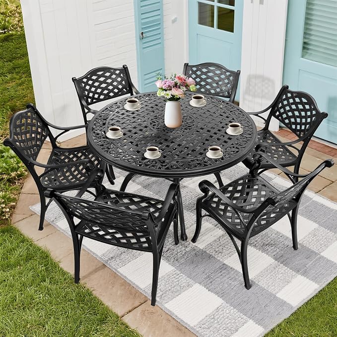 Patio Dinning Set Weather Resistant Cast Aluminum Patio Furniture Set with Umbrella Hole, Bistro Dining Set for Garden (48" x 48" Table B and 6 Chairs Black, 7 Pieces)