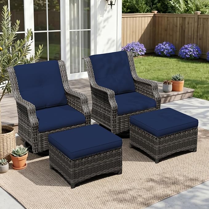 4 Pieces Patio Furniture Set, Outdoor Furniture Set with 2 Patio Swivel Rocking Chairs, 2 PE Rattan Ottoman, Thick Cushions, Ideal for Backyard, Garden, Poolside, Blue