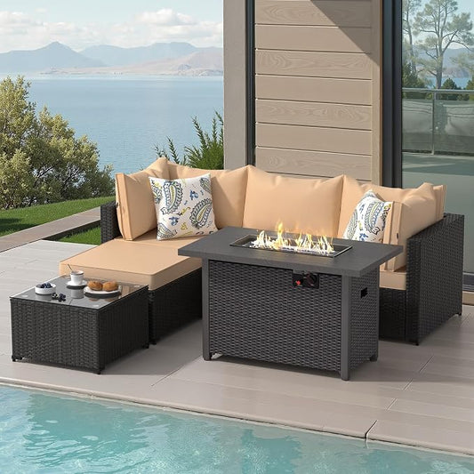 Patio Furniture Set, 6PCS Patio Sectional w/ Fire Pit Tabel Ottoman Wicker Rattan Outdoor Furniture with Thickened Cushion Modular Wicker Patio Conversation Set with Glass Top Table for Balcony(Khaki)