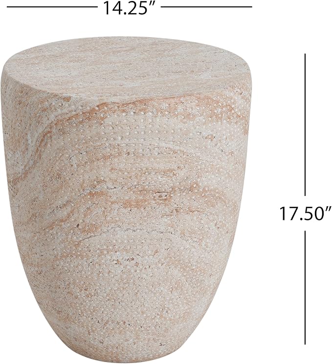 Outdoor Side Table Round Concrete Side Table Faux Marble End Tables Cement Accent Tables Patio Garden Stool Plant Stand for Porch, Backyard Balcony,14.25",Barrel, Beige