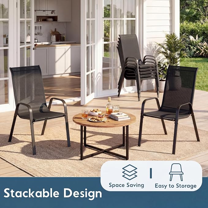 Arlopu 7-Piece Outdoor Table and Chairs for 6, Outdoor Dining Set W/Rectangle Glass Table and Patio Textilene Stackable Chairs, Patio Furniture Set W/Umbrella Hole (Grey Table & Black Chair)