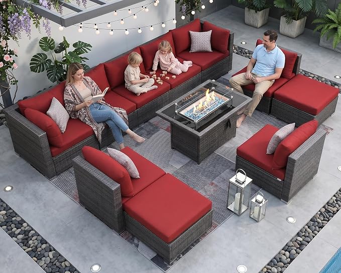 NICESOUL 11 Piece Patio Furniture Set with Fire Pit Table, 29.3'' High Back Comfy Rattan Outdoor Conversations, Big Size Deep Seated Contemporary Sectionals, 2 Color Cushion Red & Gray