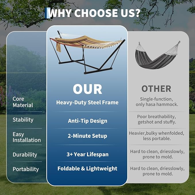 Hammock with Stand, Curved Steel Frame Outdoor Hammock for Outside Patio Backyard Porch Camping, Portable Freestanding Relaxing Hammock with Pillow, Red and Yellow Stripes