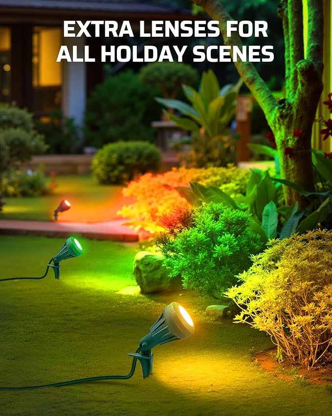 DEWENWILS 120V Spotlight Outdoor,500LM Waterproof Light with 3 Extra Lenses | Red Yellow Green Lenses, LED Spot Light 5FT Extension Cord, Landscape Lighting for Holiday, Trees, Flag,UL Listed