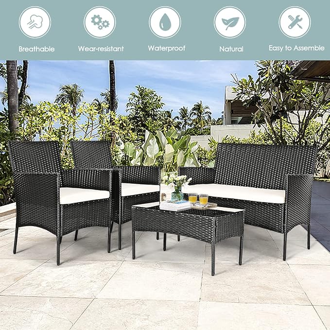 DORTALA Wicker Patio Furniture Set 4 Piece, Rattan Outdoor Table and Chairs Set with Loveseat, Cushions, All Weather Balcony Conversation Sofa Set for Porch, Backyard, Deck, Beige