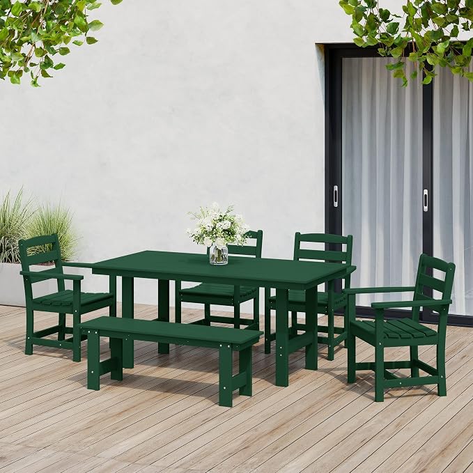 WestinTrends Ashore 6-Piece Outdoor HDPE Patio Dining Table Set with Bench, Dark Green