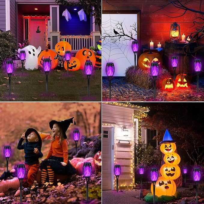 10Pack Purple Halloween Solar Lights for Outdoor Halloween Decorations | Scary Halloween Lights Outdoor with Flickering Flame, Waterproof Solar Halloween Lights, Halloween Outside Decor for Yard