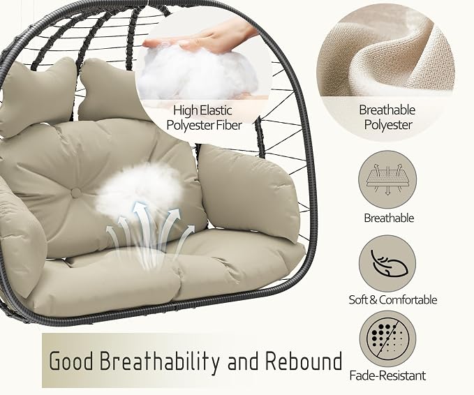 Double Egg Chair wth Stand Hammock Swing Chair Foldable Hanging Loveseat, UV Resistant Removable Cushions, 700LBS Capacity