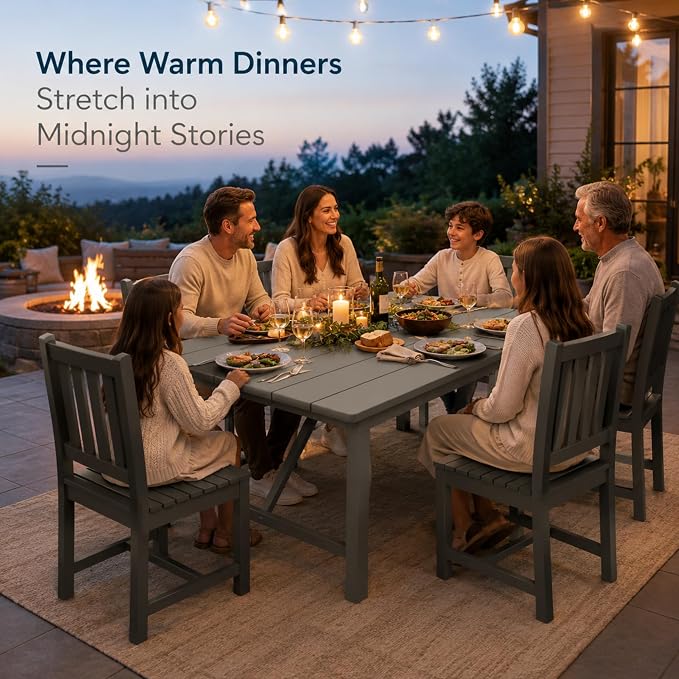 7-Piece Two-Tone Gray Patio Dining Table Sets, All-Weather HDPE Outdoor Furniture Set with Umbrella Hole, Light Gray Rectangular Table and 6 Dark Gray Chairs for Backyard Deck Garden
