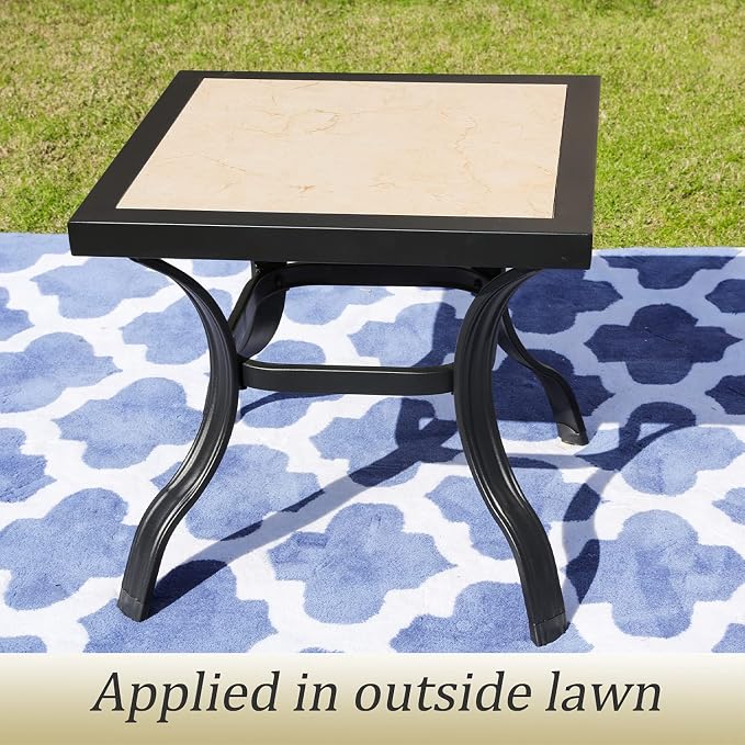 20.9" Outdoor Table Bistro Table with Ceramics Top Black Metal Frame Square Side Table for Bistro Balcony Deck, Off-White