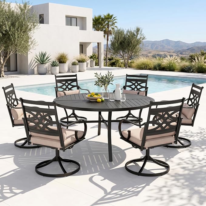 PHI VILLA Outdoor Round Dining Table for 6, 54" Large Metal Wrought Iron Table with Umbrella Hole, All Weather Furniture for Patio, Deck, Yard, Porch - Black