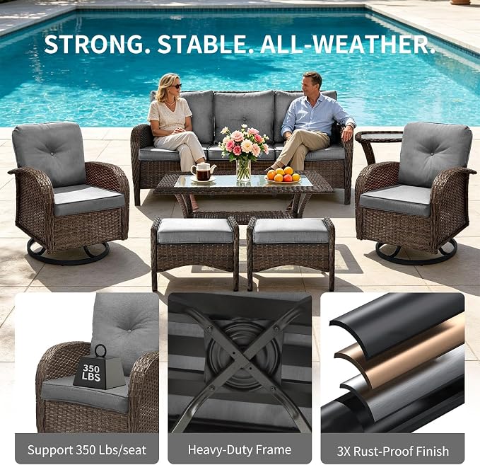 SHGJ&SOFT All Weather Patio Furniture Set, High Back Swivel Rocker Glider Chairs，Ottomans & Glass Tables, Outdoor Conversation Set for Deck Porch Yard Poolside (Grey, 3PCS-Swivle Chairs&Table)
