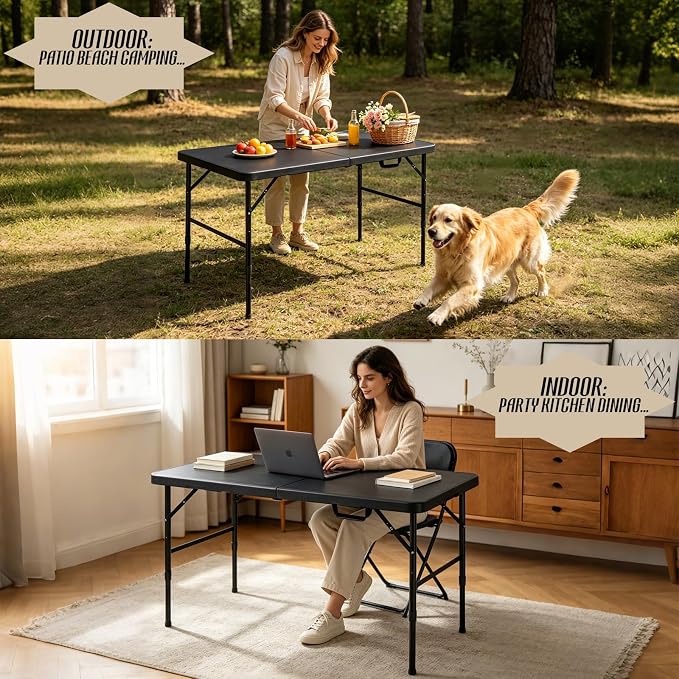 Portable Plastic Folding Table 4ft/6ft/8ft Heavy Duty White Black Picnic Dining Table Fold-in-Half for Camp Party Kitchen Indoor Outdoor