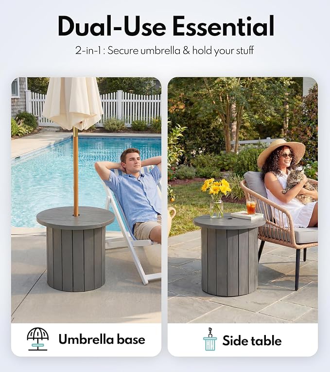 PASAMIC 2-in-1 Patio Table Umbrella & Outdoor Side Table, Large Round Small Outdoor Table with Umbrella Hole, Fits 1.5-1.9in Pole, 5Gal Water Bag Base, HDPE for Poolside, Deck, Garden Use, Gray