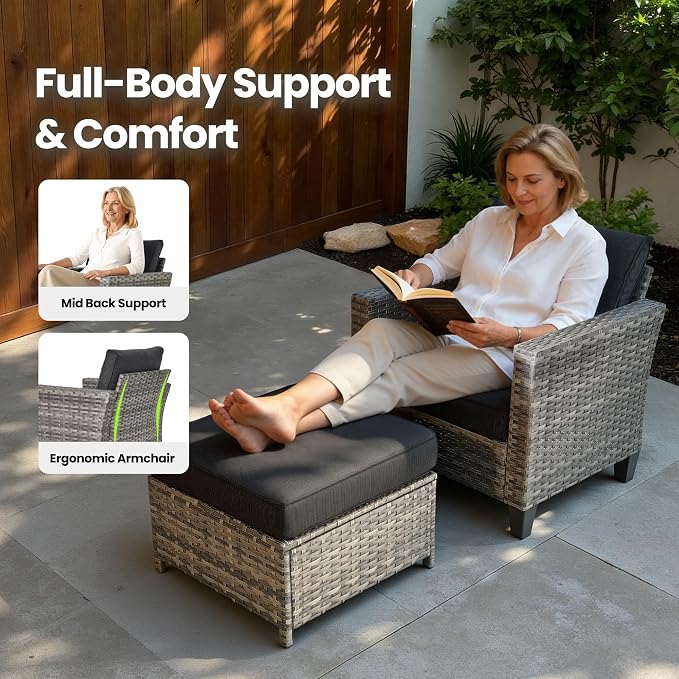 8 Piece Wicker Patio Furniture Set with Solar Table, Black | Outdoor Deep Seating Sofa Chair Ottoman, Solar Lights Table, All Weather Rattan, Modern Conversation Set, Porch Deck Backyard