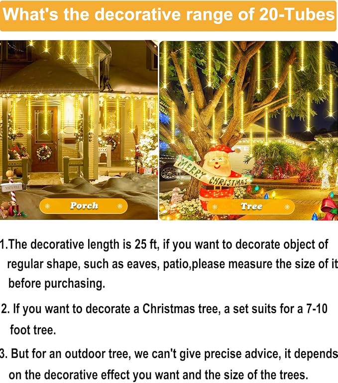 Outdoor Christmas Lights 16 Inch 20 Tubes Meteor Shower, Warm White | Falling Rain Drop Icicle String Lights, Cascading Snow Effect Waterproof Xmas Decor for Tree Wedding Party Garden Holiday