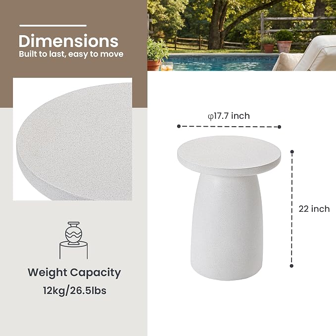 HOMPUS Outdoor Side Table, Concrete Side Table Faux Stone Hourglass Shaped, Patio Round Accent Table, Lightweight MgO Circular Coffee Table Garden Tool for Home Decor, Porch and Deck, Spotted White
