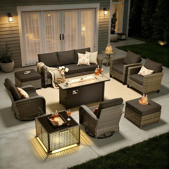10 Piece Wicker Patio Furniture Set with Firepit, Black | High Back Swivel Rocker Chairs, 54-inch Fire Pit, Outdoor Sofa Ottoman Solar Lights Table, Conversation Sets, Deck Backyard