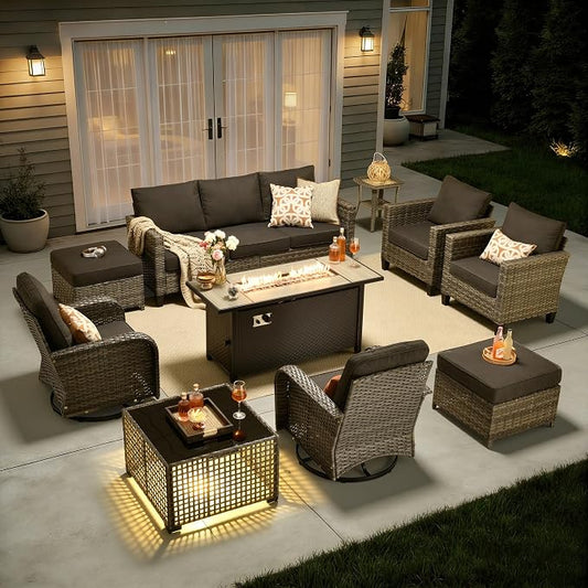 10 Piece Wicker Patio Furniture Set with Firepit, Black | High Back Swivel Rocker Chairs, 54-inch Fire Pit, Outdoor Sofa Ottoman Solar Lights Table, Conversation Sets, Deck Backyard
