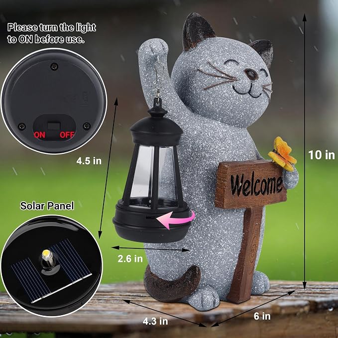 Juegoal Garden Statue Solar Cat Figurine with LED Lantern, Mothers Day 10" Resin Kitten Hold Welcome Sign, Outdoor Whimsical Lawn Porch, Lighted Housewarming Birthday for Mom Grandma