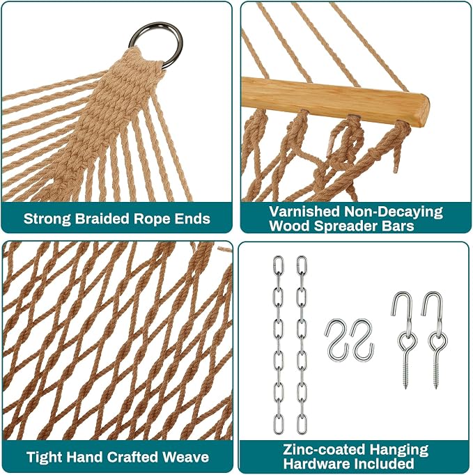 JoyView Traditional Rope Double Hammock - Hand Woven Cotton Hammock with Hardwood Spreader Bar and Pillow 450lb Capacity for Outdoor Indoor Patio Yard - Brown