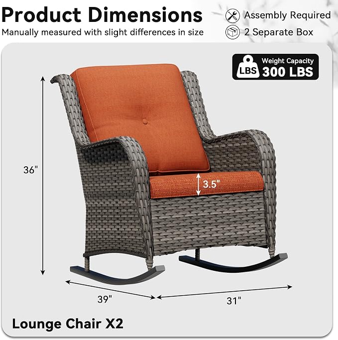 Patio Rocking Chairs Set of 2, Outdoor Wicker Patio Furniture Set 2 Pieces with Thickened Olefin Cushions, High Back and Deep Seating, Hand-Woven PE Rattan for Porch, Deck, Orange