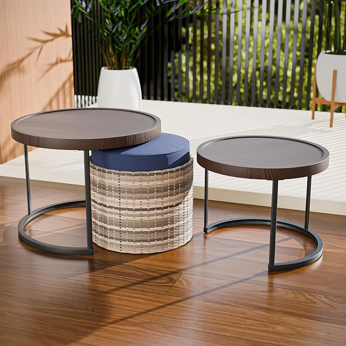 Cabana Chic Nesting Tables with Ottomans, Outdoor Round Side Table, Nesting Coffee Table Set, 2 Tables 1 Ottoman, Brown/Blue