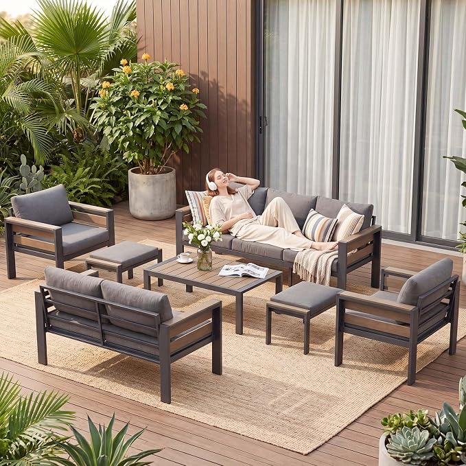 DoCred Aluminum Patio Furniture Set, 7-Piece Modular Patio Conversation Set with Widened Armrests and Thickened Cushions, Metal Outdoor Furniture Set for Porch, Balcony, Deck, Yard, Poolside