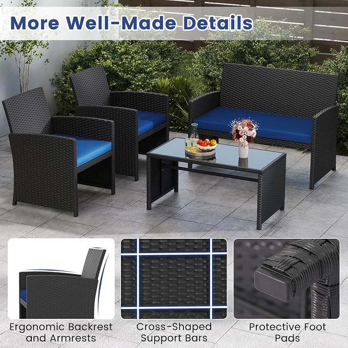 Tangkula 8 Piece Patio Wicker Furniture Set, Outdoor Heavy Duty Rattan Cushioned Chairs, Loveseat and Tempered Glass Coffee Table, for Backyard, Balcony, Poolside
