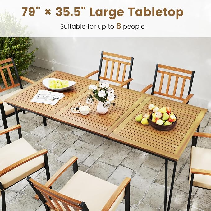 HAPPYGRILL Patio Dining Table for 8, 79" Rectangle Table with Acacia Wood Tabletop & Heavy Duty Metal Frame, Outdoor Dining Table with 2" Umbrella Hole for Backyard, Lawn & Garden